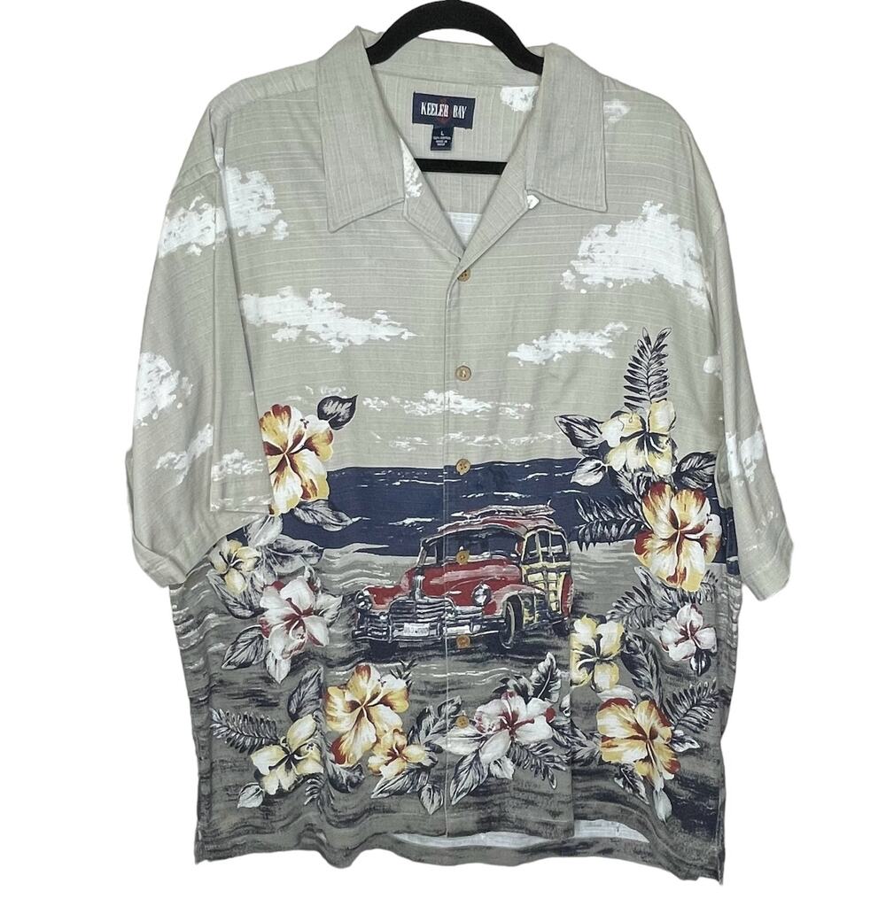 Keeler Bay Men’s Size Large Vintage Camp Shirt Hawaiian Surf Board Woodie Wagon